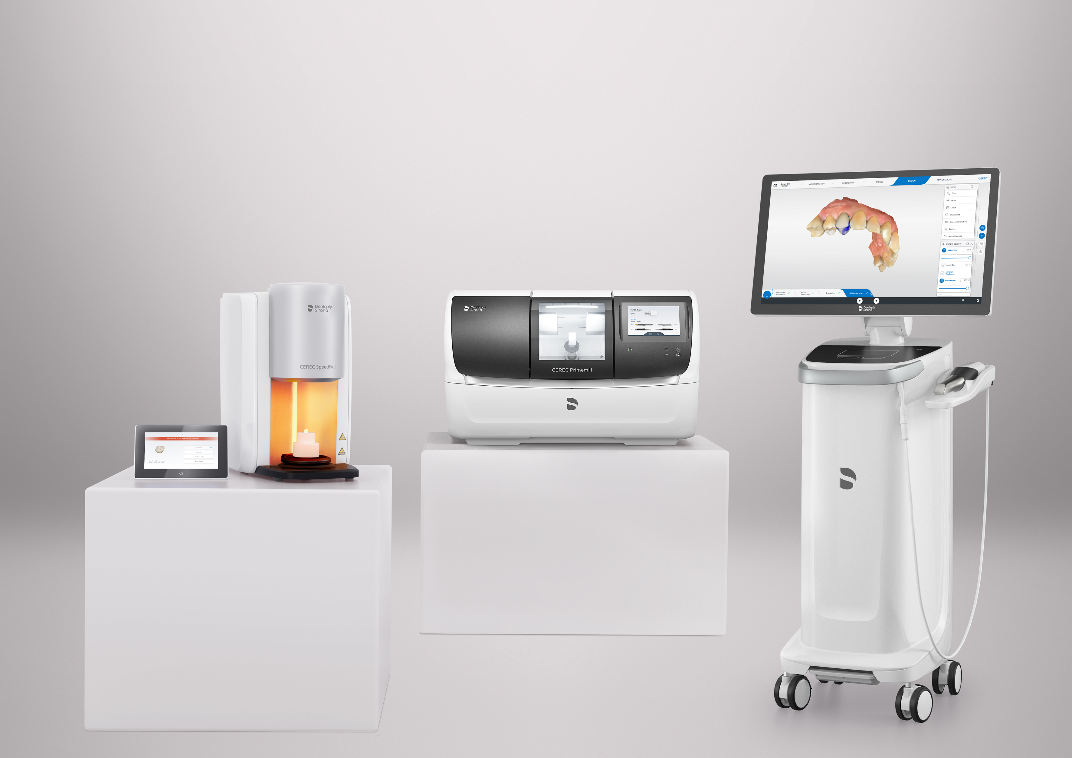 CEREC PrimeMill system - in-house crown manufacturing equipment including milling unit, SpeedFire furnace, and Primescan scanner